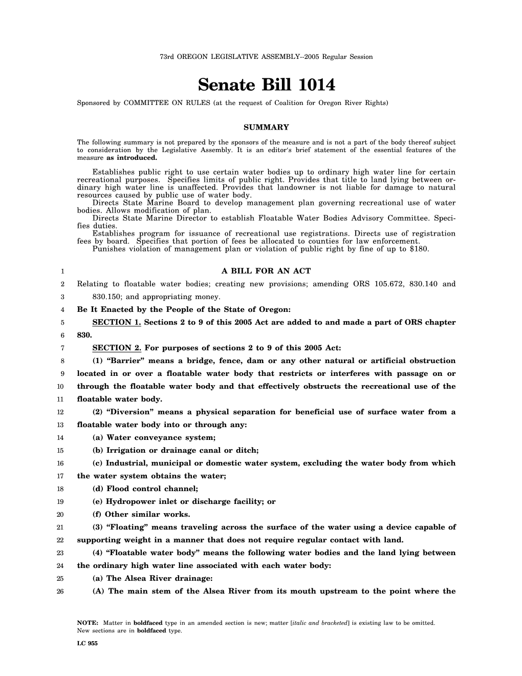 Senate Bill 1014 Sponsored by COMMITTEE on RULES (At the Request of Coalition for Oregon River Rights)