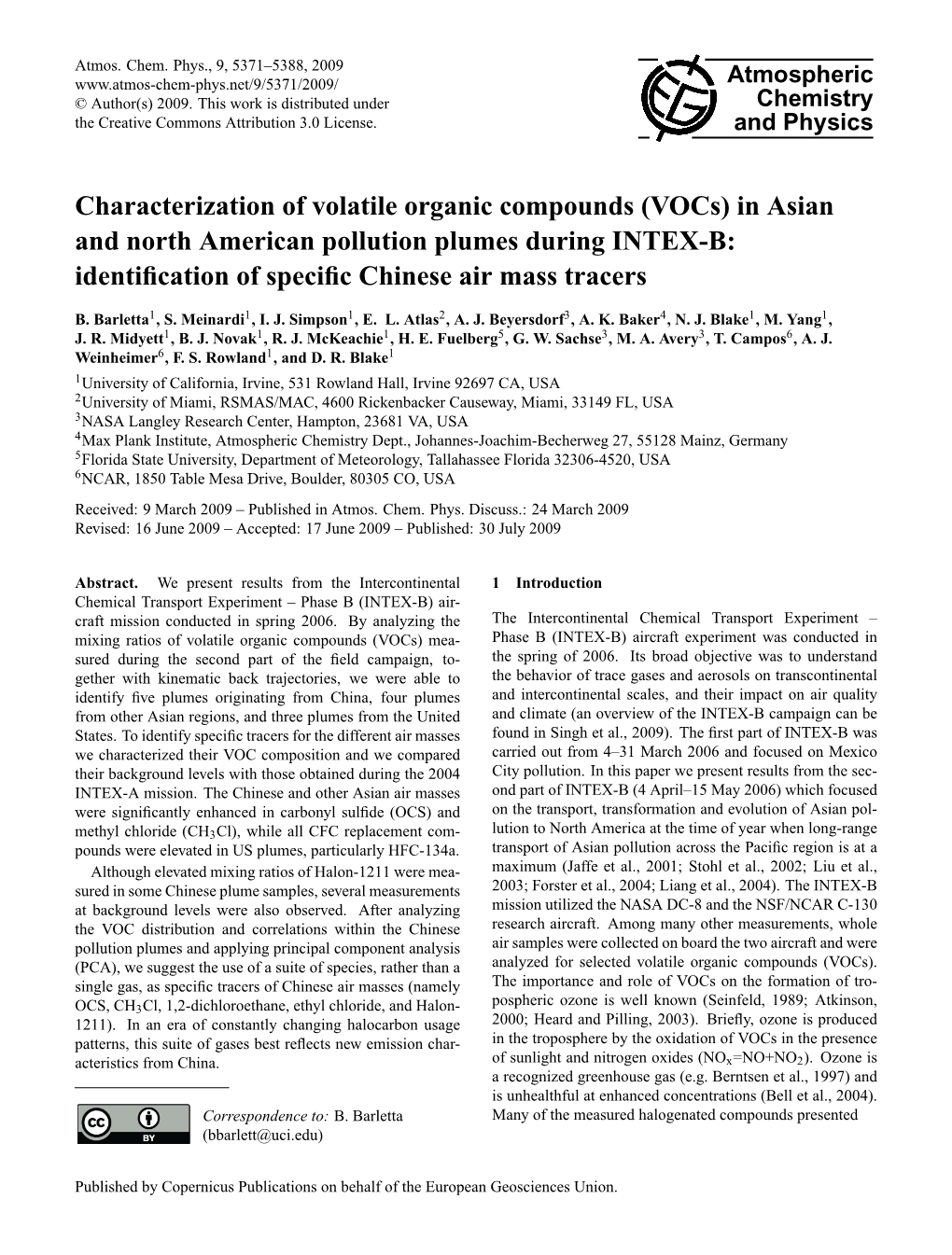 (Vocs) in Asian and North American Pollution Plumes During INTEX-B: Identiﬁcation of Speciﬁc Chinese Air Mass Tracers