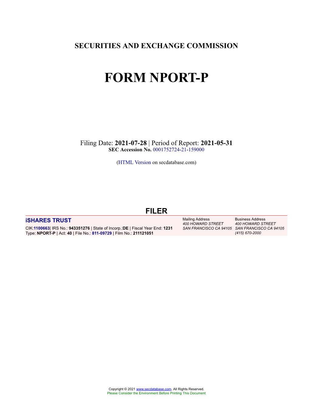 Ishares TRUST Form NPORT-P Filed 2021-07-28