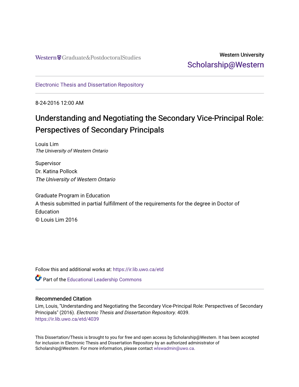 Understanding and Negotiating the Secondary Vice-Principal Role: Perspectives of Secondary Principals