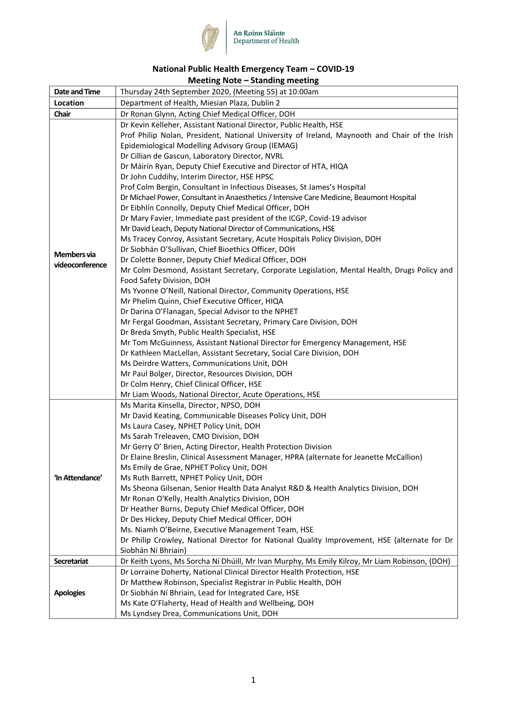 1 National Public Health Emergency Team – COVID-19 Meeting Note – Standing Meeting