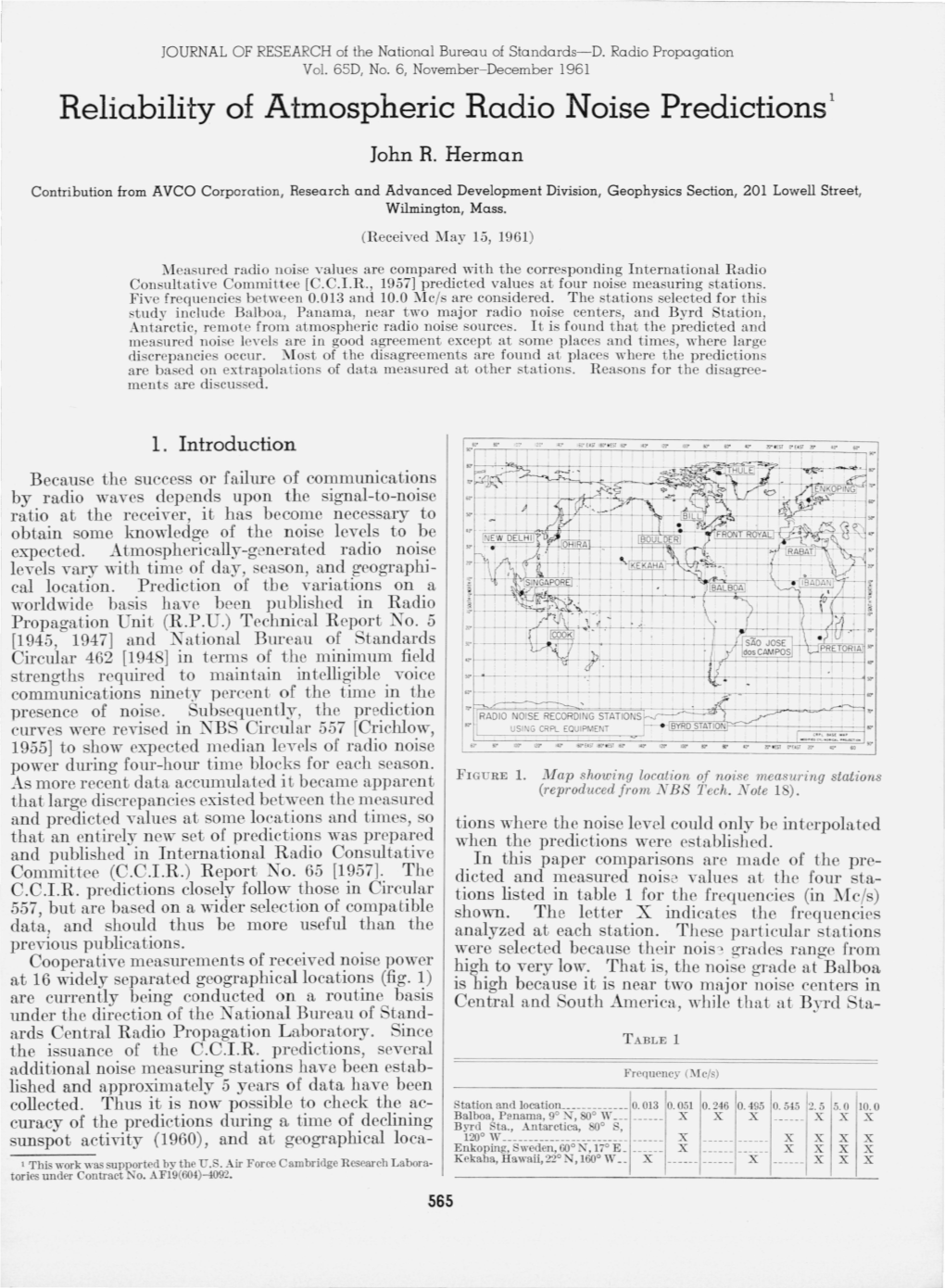 Reliability of Atmospheric Radio Noise Predictions L