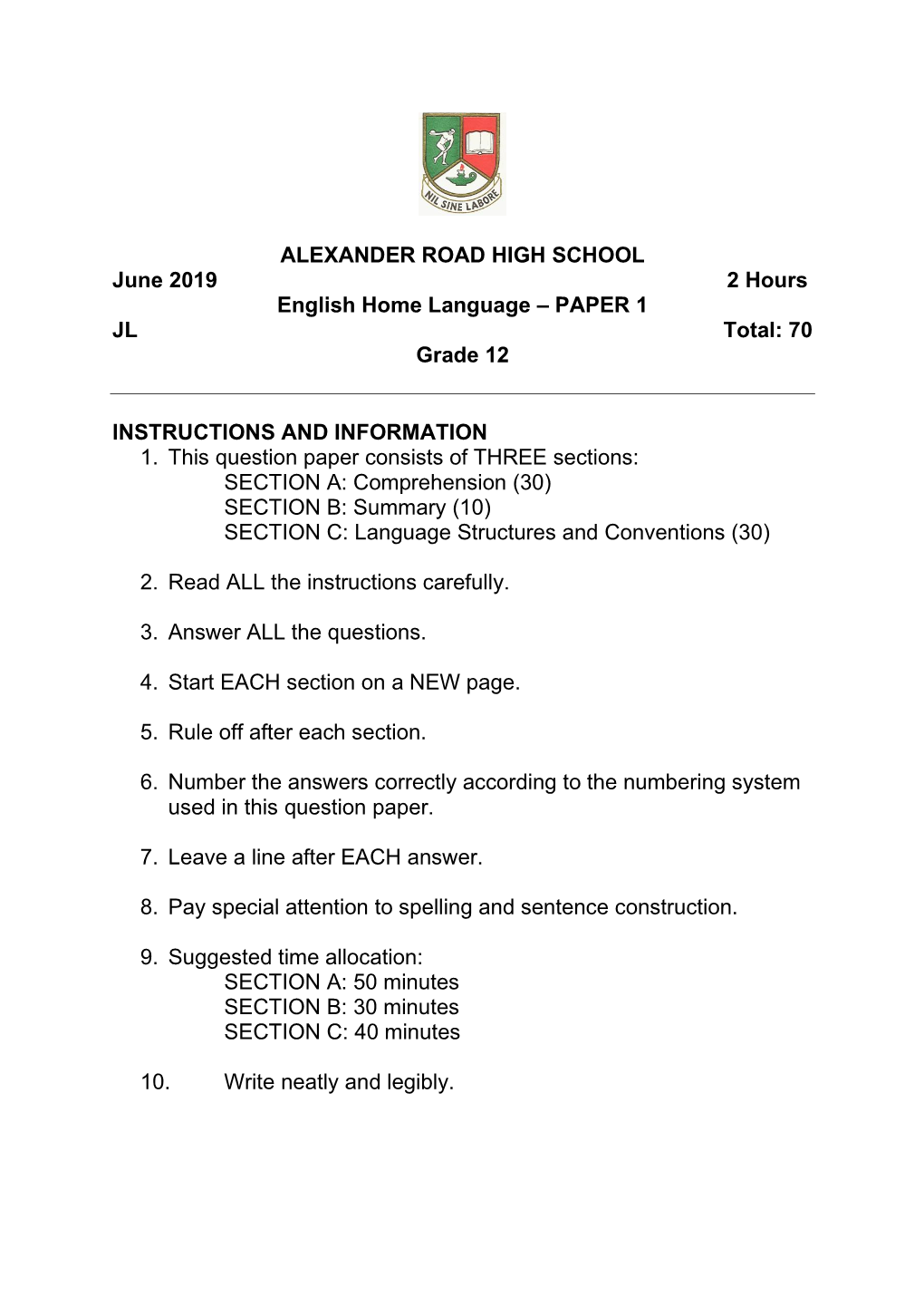Grade 12 June Paper 1 2019
