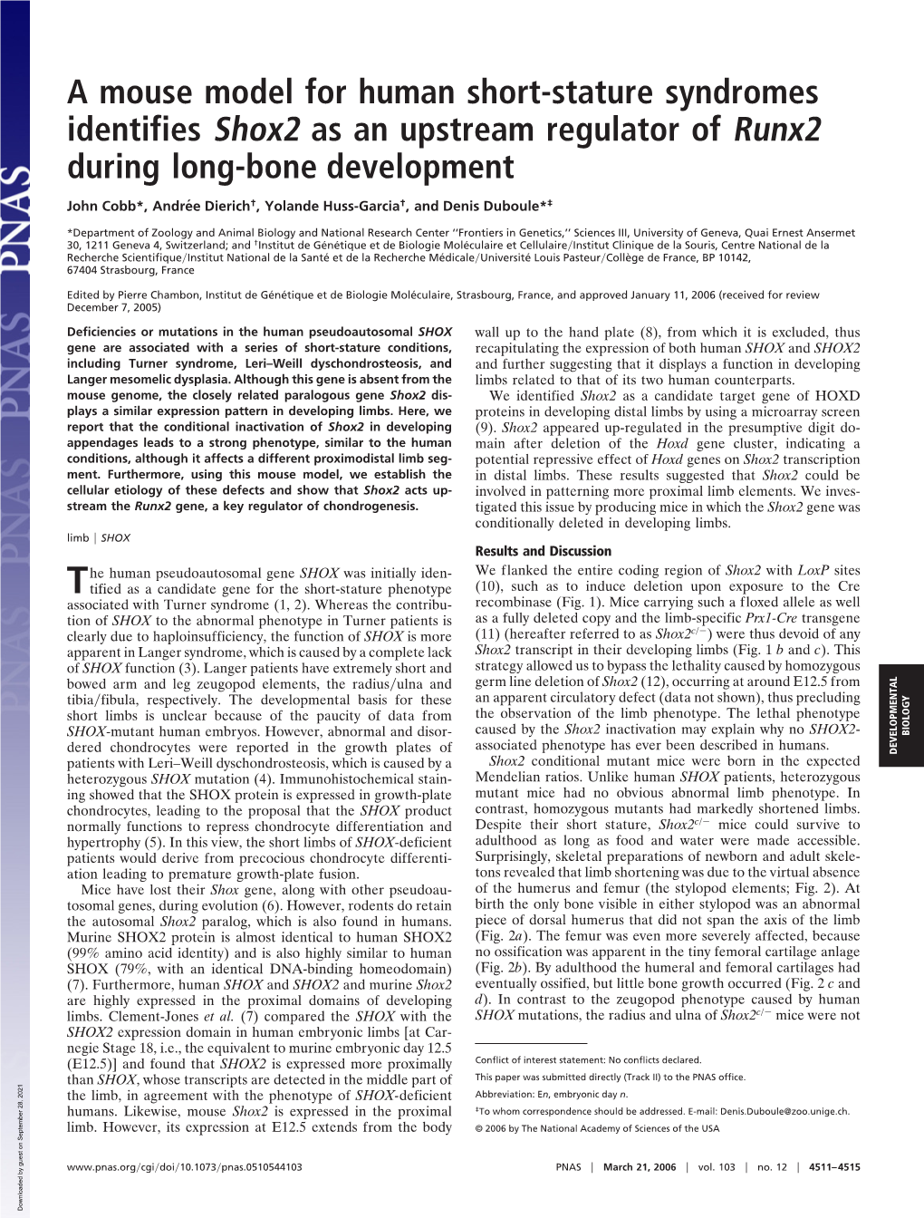 A Mouse Model for Human Short-Stature Syndromes Identifies Shox2 As an Upstream Regulator of Runx2 During Long-Bone Development