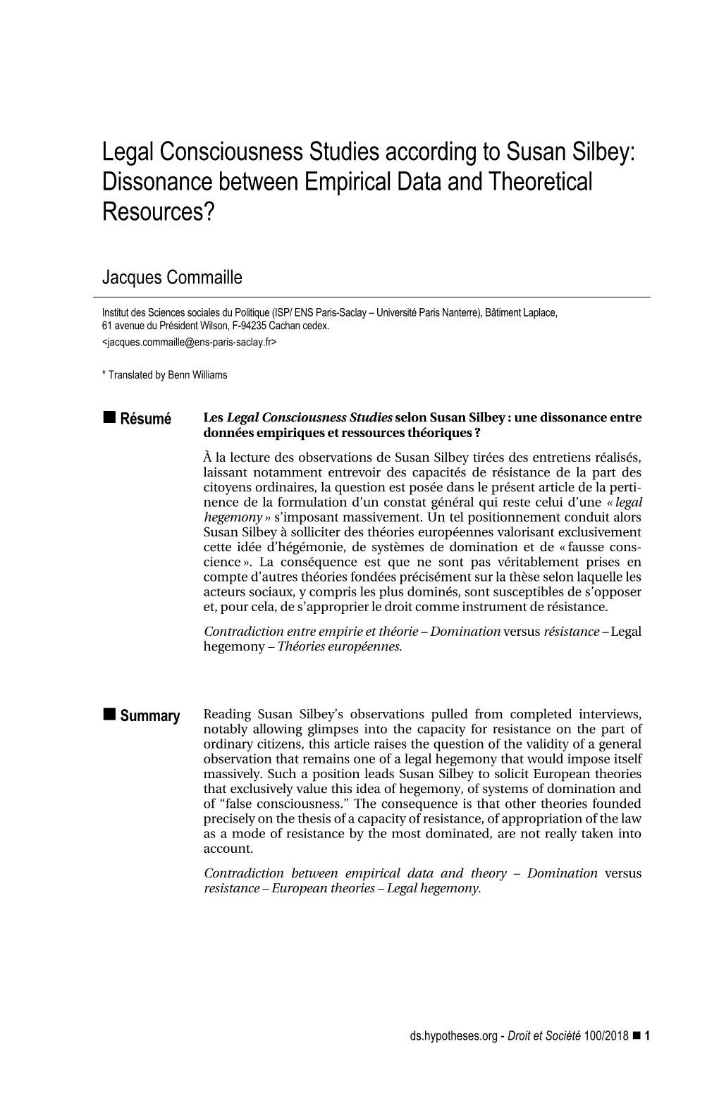 Legal Consciousness Studies According to Susan Silbey: Dissonance Between Empirical Data and Theoretical Resources?