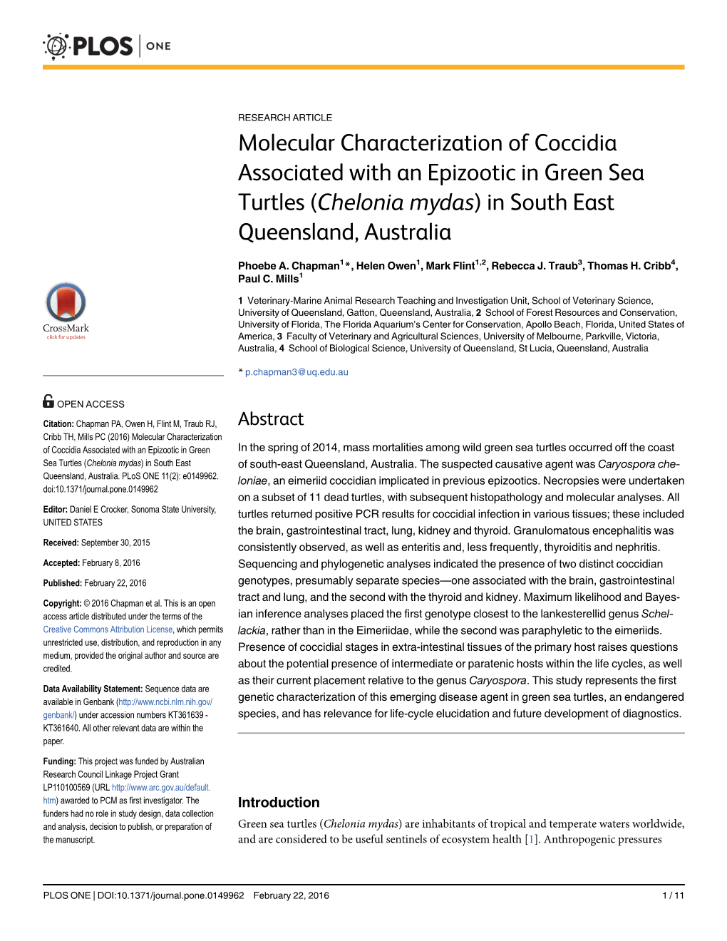 Molecular Characterization of Coccidia Associated with an Epizootic in Green Sea Turtles (Chelonia Mydas) in South East Queensland, Australia