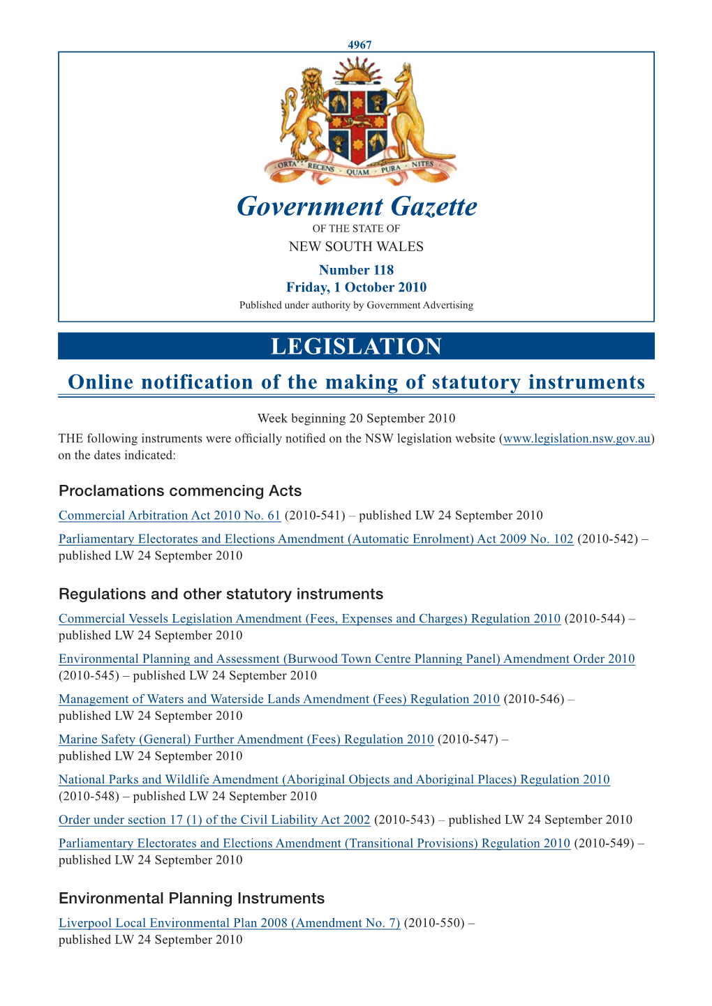 Gazette No 118 of 1 October 2010