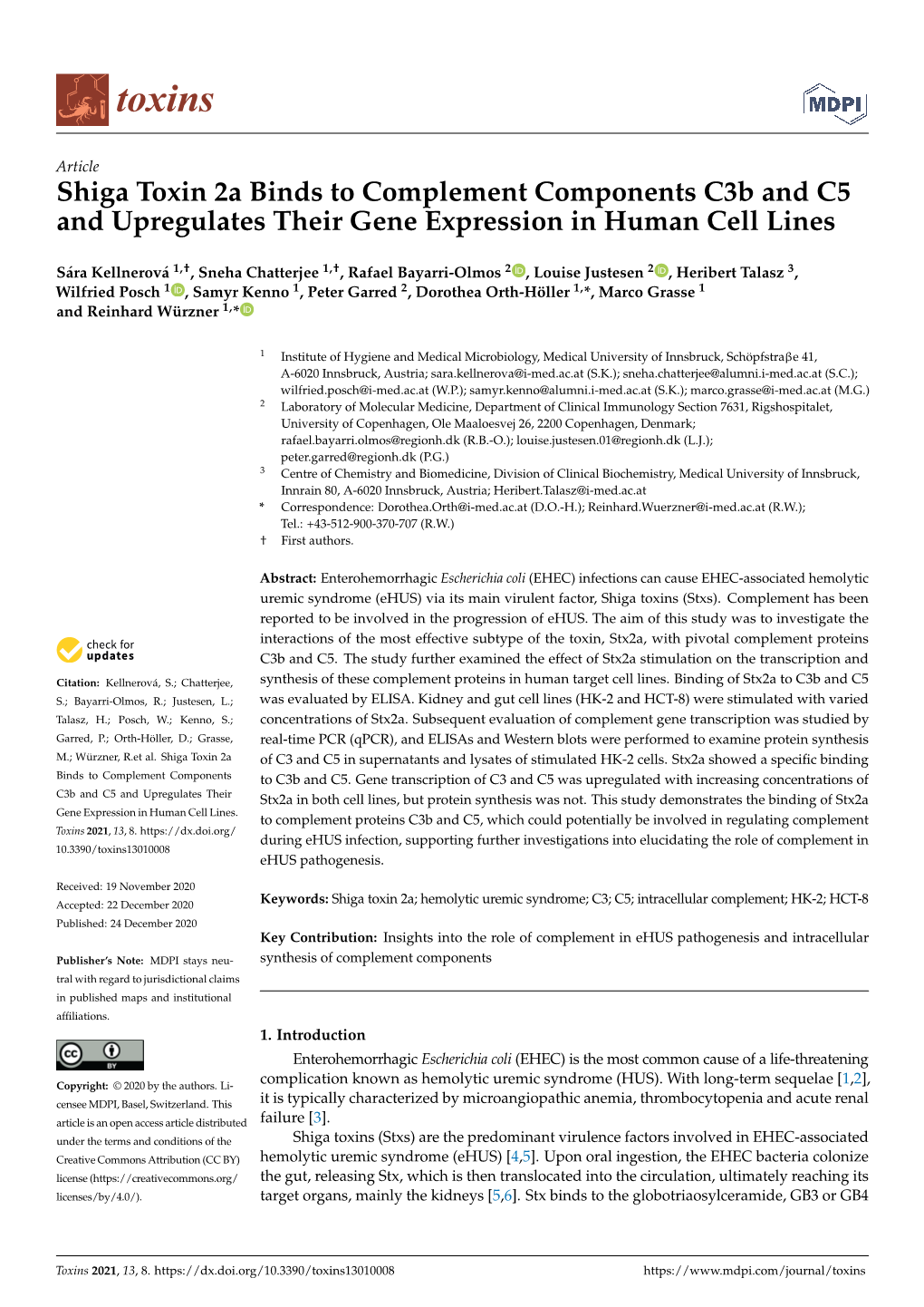 Shiga Toxin 2A Binds to Complement Components C3b and C5 and Upregulates Their Gene Expression in Human Cell Lines