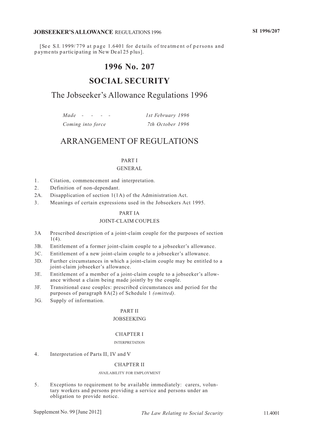 1996 No. 207 SOCIAL SECURITY the Jobseeker's Allowance