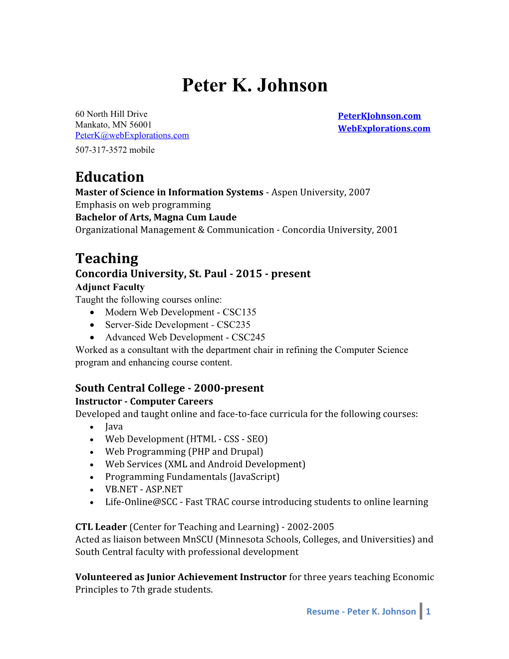 Resume - Peter K. Johnson