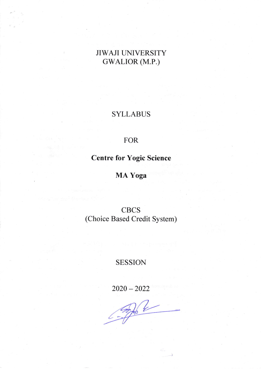 JIWAJI TINIVERSITY SYLLABUS for Centre for Yogic Science MA Yoga