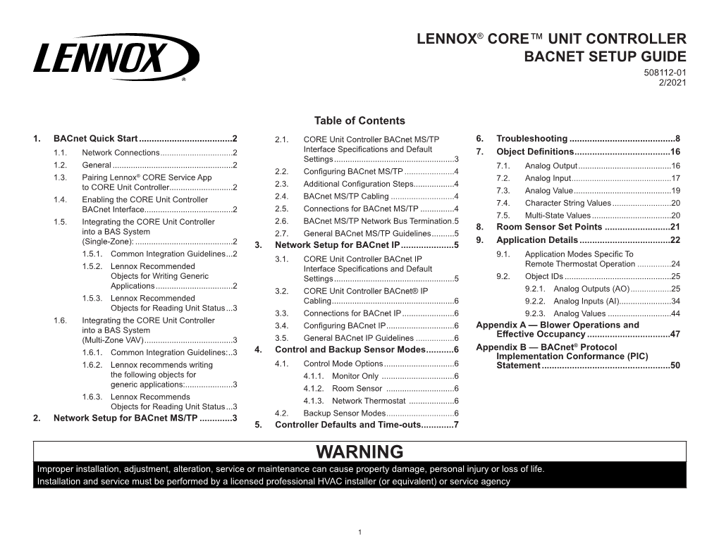 Unit Controller Bacnet Setup Guide 508112-01 2/2021