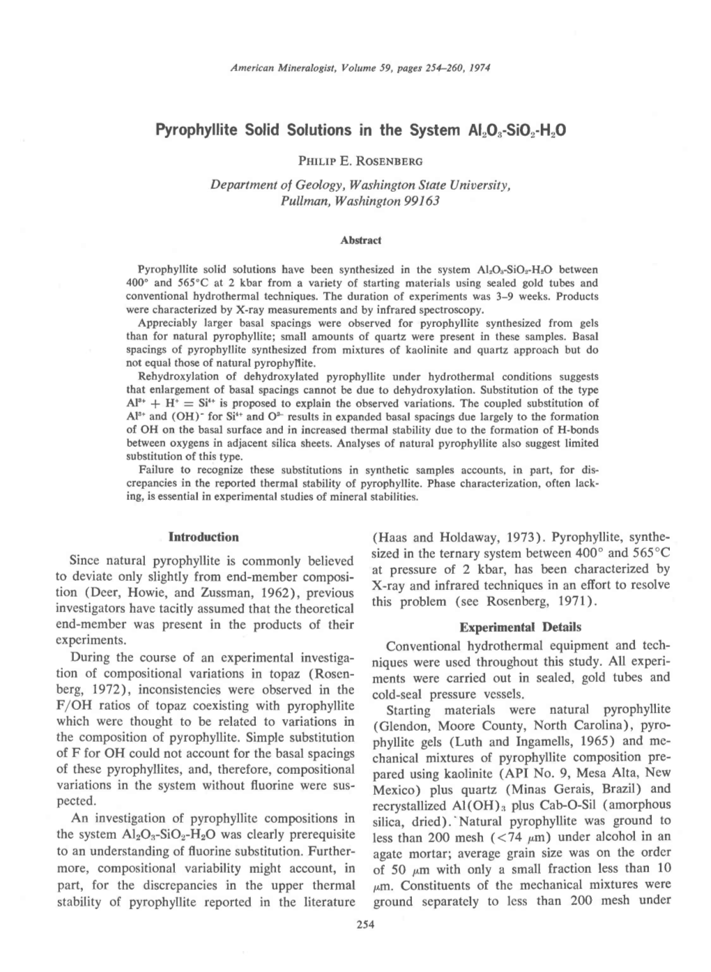 Pyrophyllite Solid Solutions in the System A|,O,-S|O,-H,O