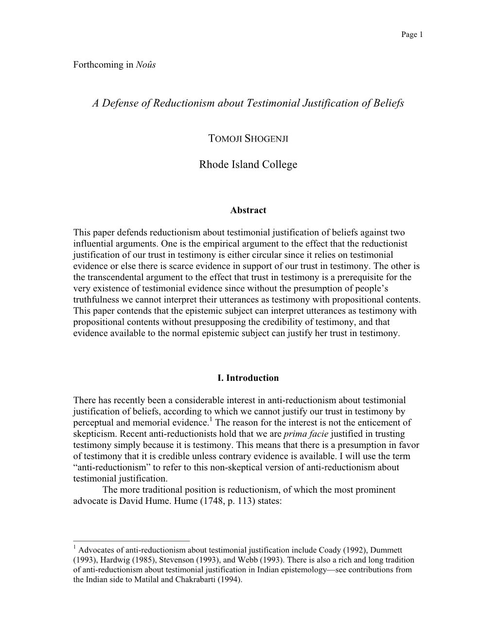 Defense of Reductionism About Testimonial Justification of Beliefs