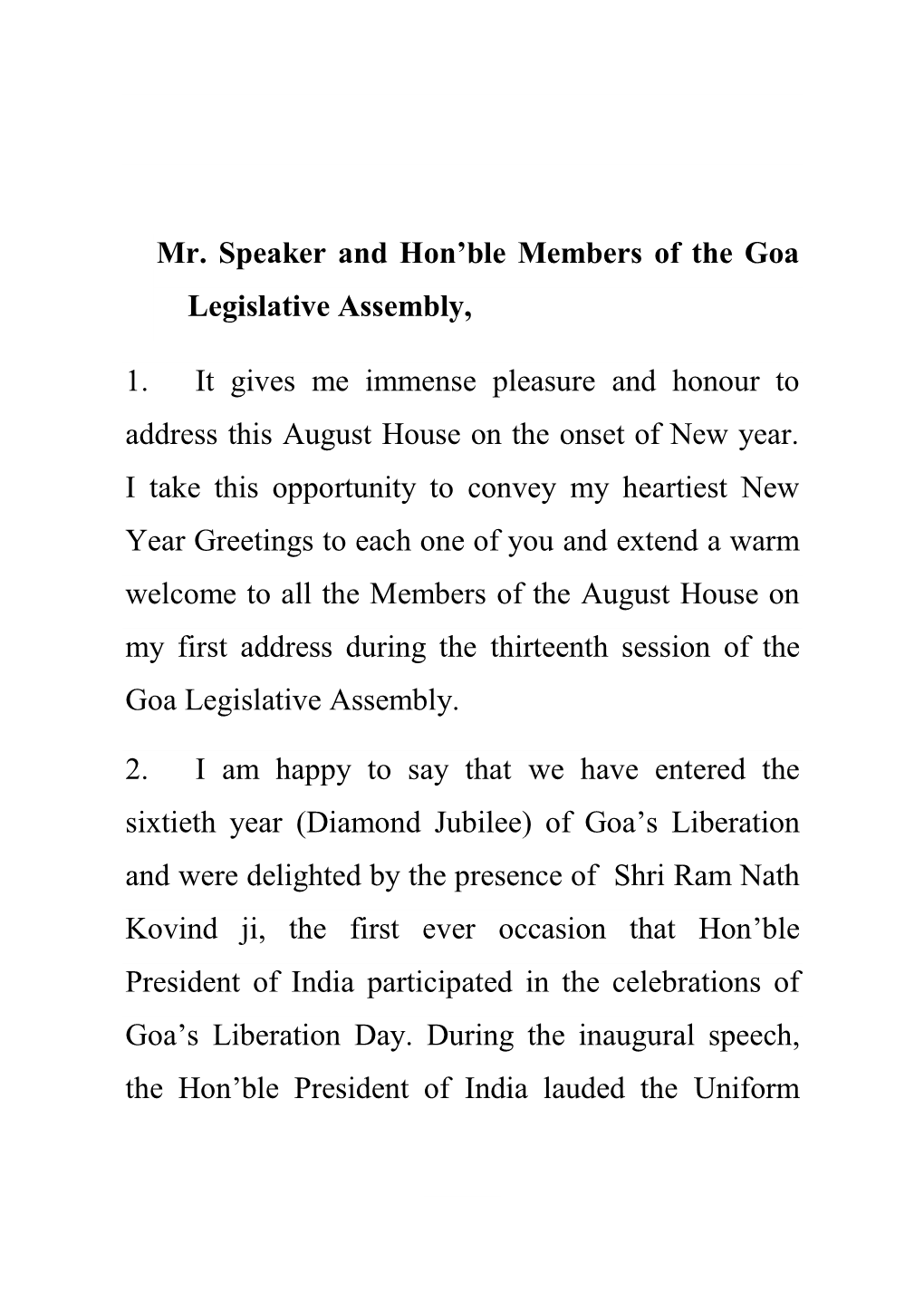 Hon'ble Governor's Address-2021 to the Goa Legislative Assembly