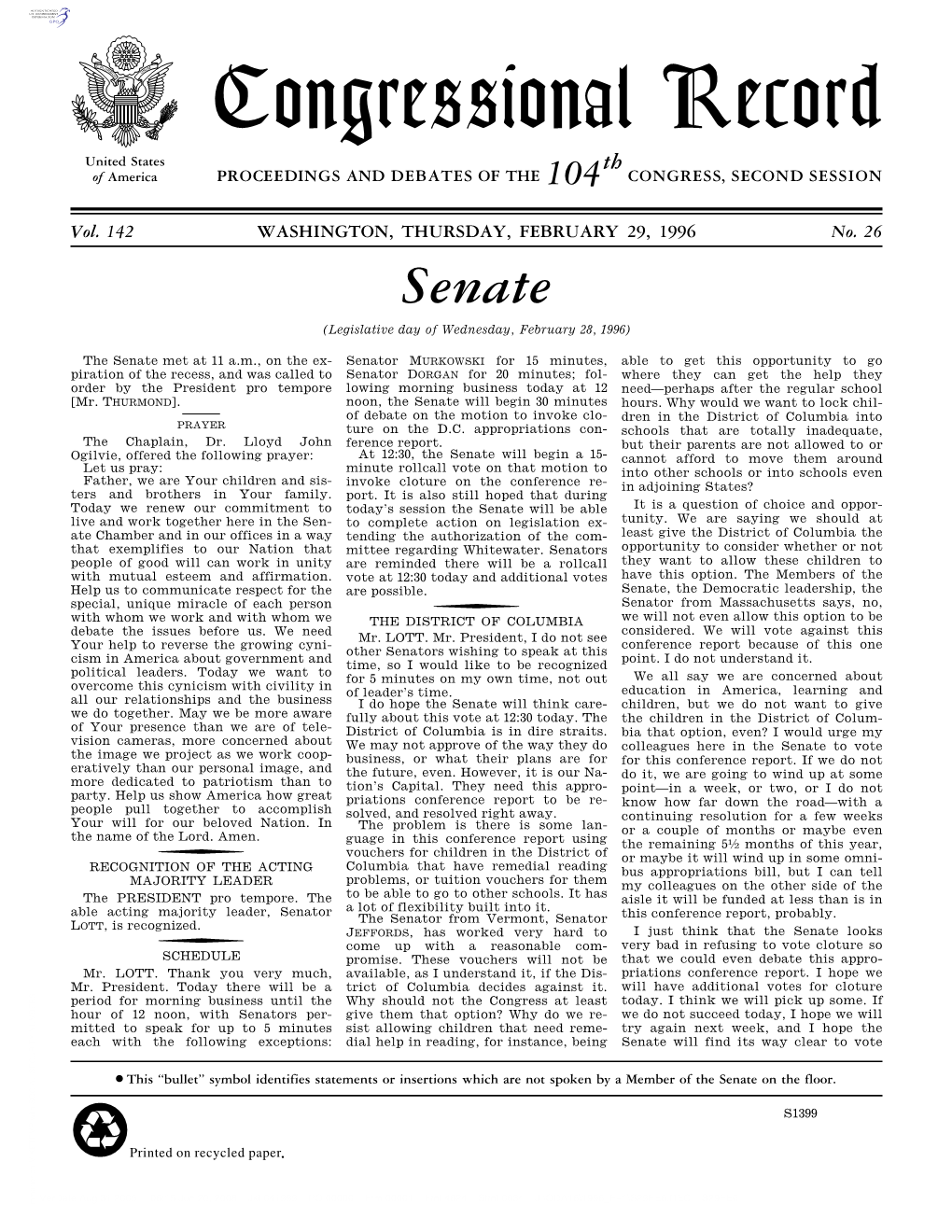 Senate (Legislative Day of Wednesday, February 28, 1996)