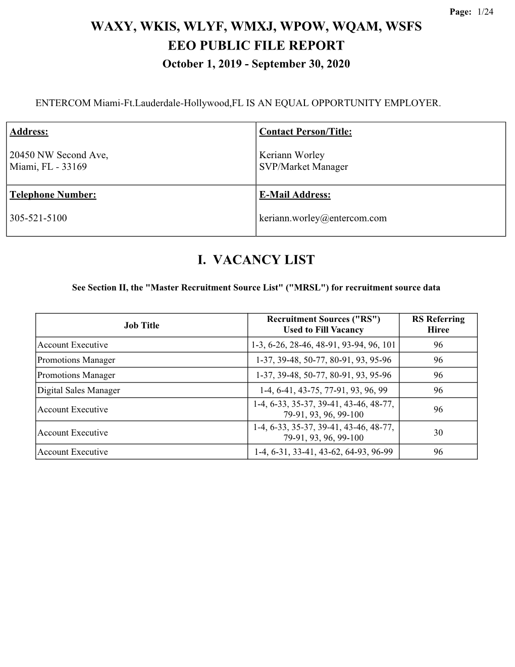 WAXY, WKIS, WLYF, WMXJ, WPOW, WQAM, WSFS EEO PUBLIC FILE REPORT October 1, 2019 - September 30, 2020