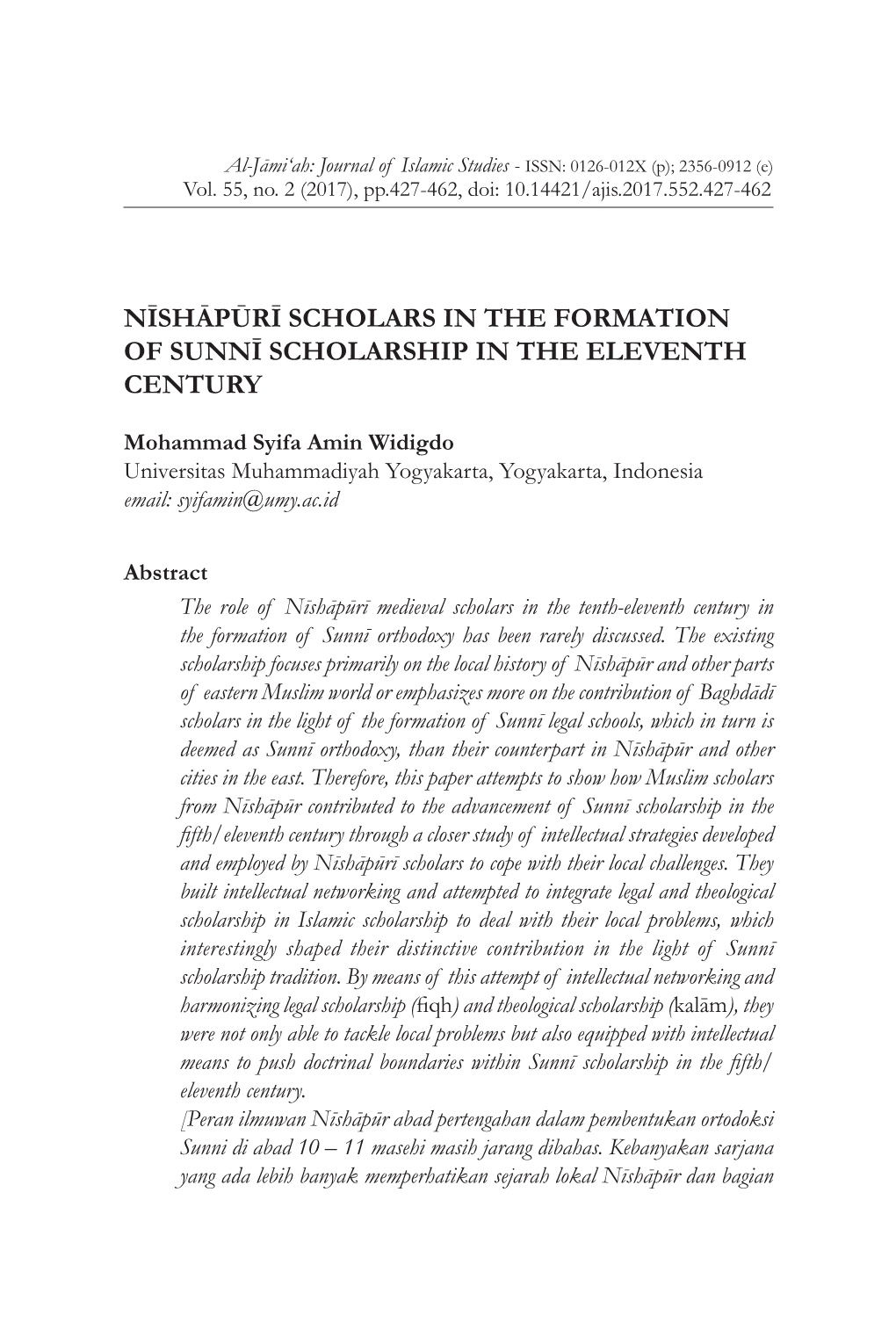 Nīshāpūrī Scholars in the Formation of Sunnī Scholarship in the Eleventh Century