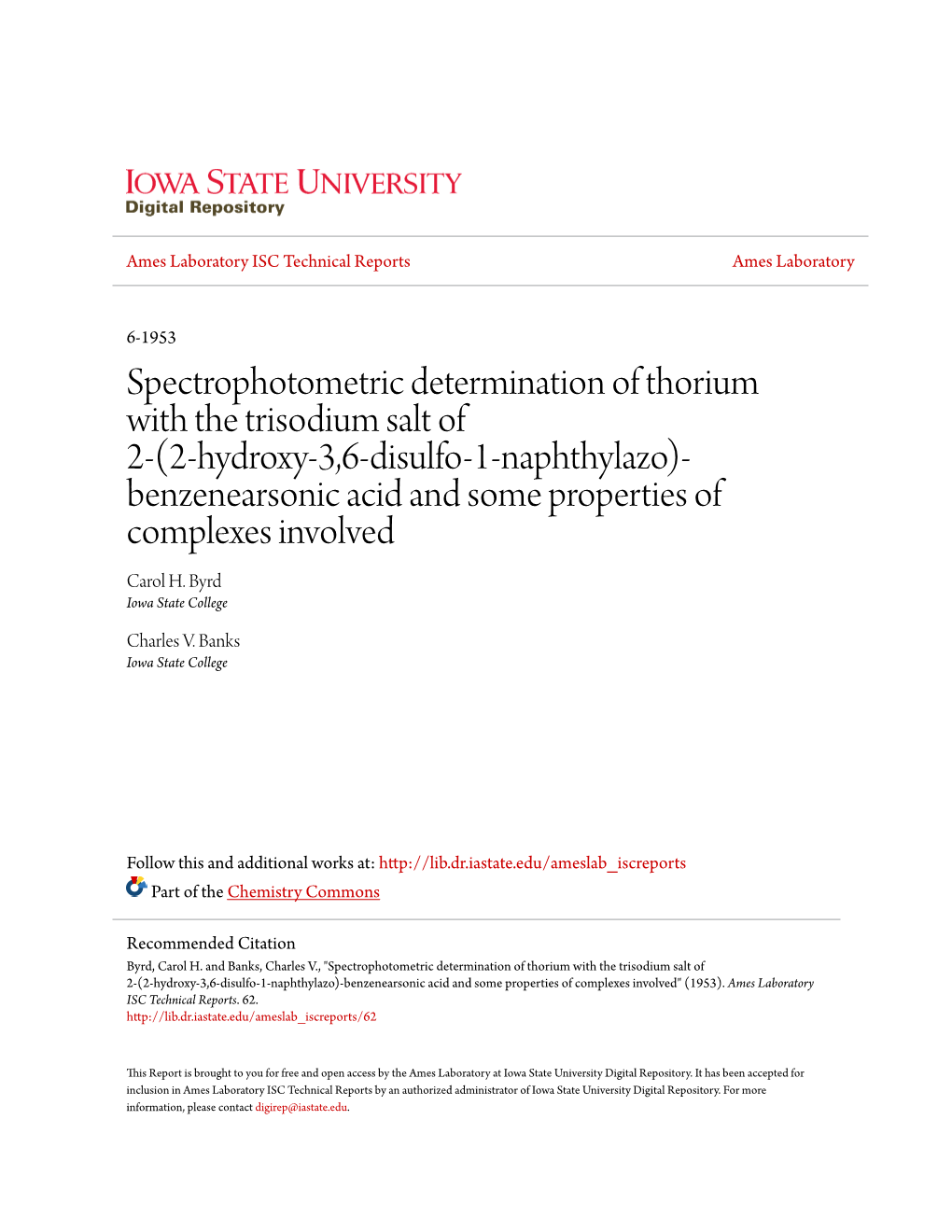 Spectrophotometric Determination of Thorium with the Trisodium Salt of 2-(2-Hydroxy-3,6-Disulfo-1-Naphthylazo)