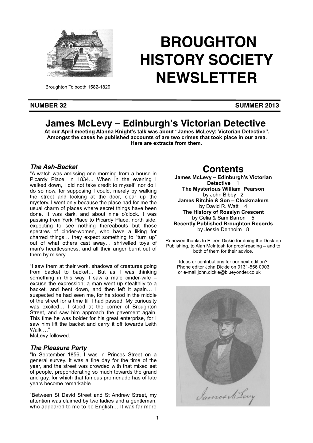 BROUGHTON HISTORY SOCIETY NEWSLETTER Broughton Tolbooth 1582-1829