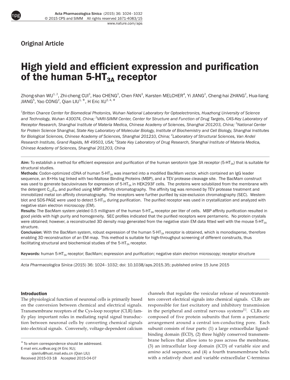 High Yield and Efficient Expression and Purification of the Human 5-HT3A Receptor