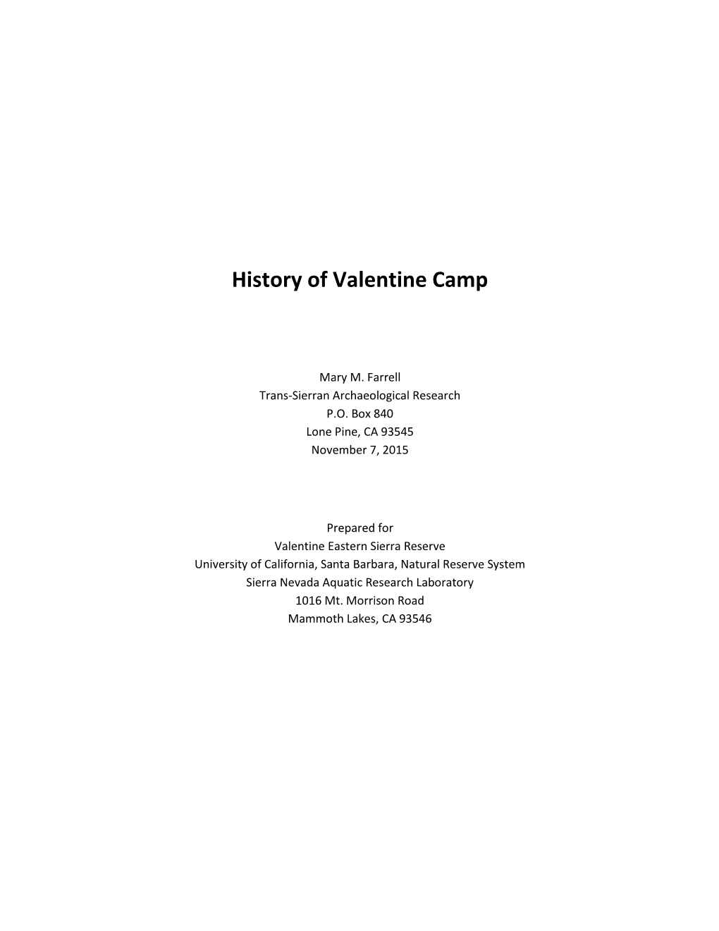 The History of Valentine Camp by Mary Farrell