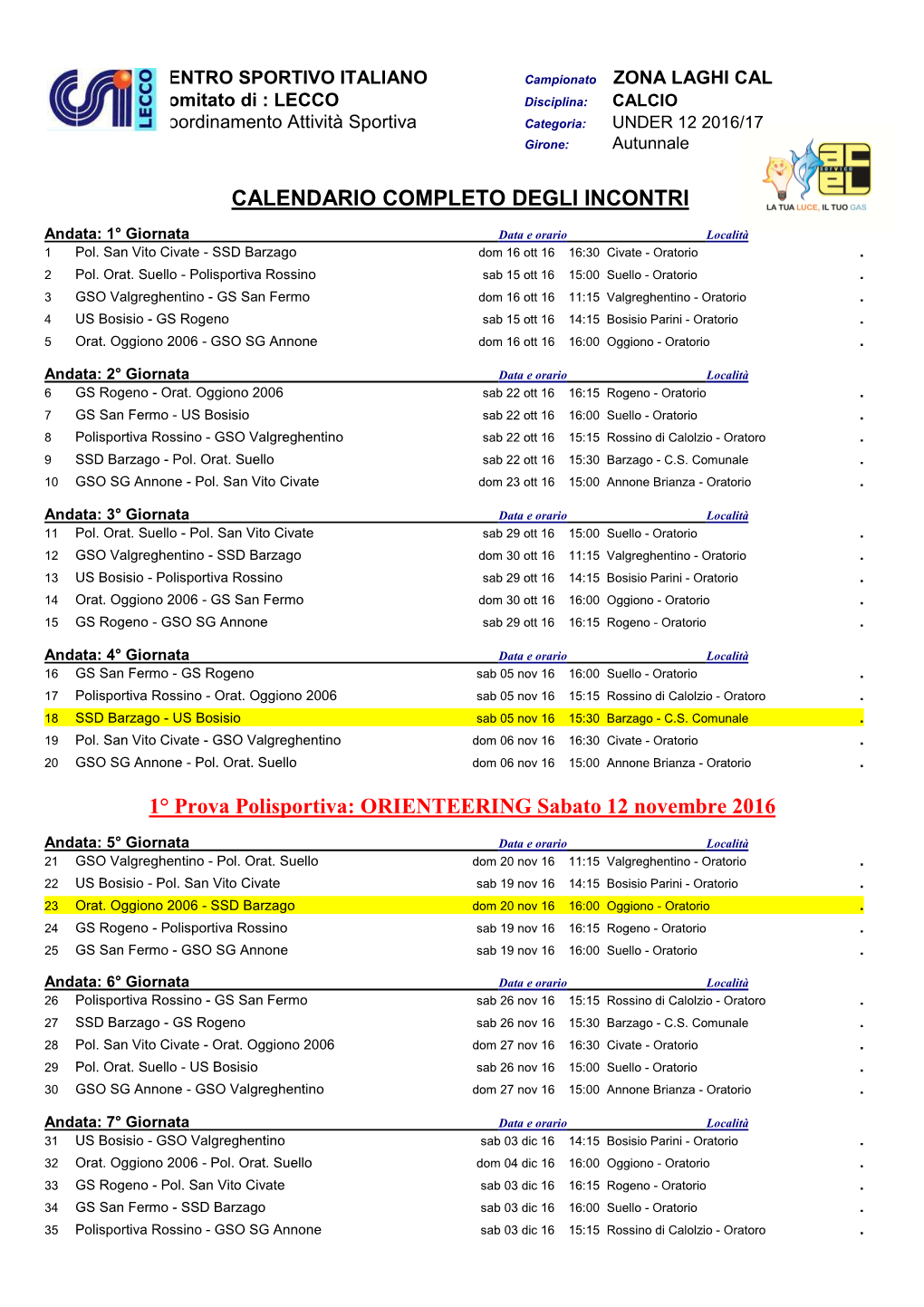 CALENDARIO COMPLETO DEGLI INCONTRI 1° Prova