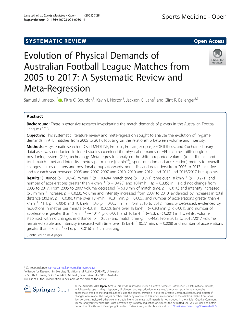 Evolution of Physical Demands of Australian Football League Matches from 2005 to 2017: a Systematic Review and Meta-Regression Samuel J