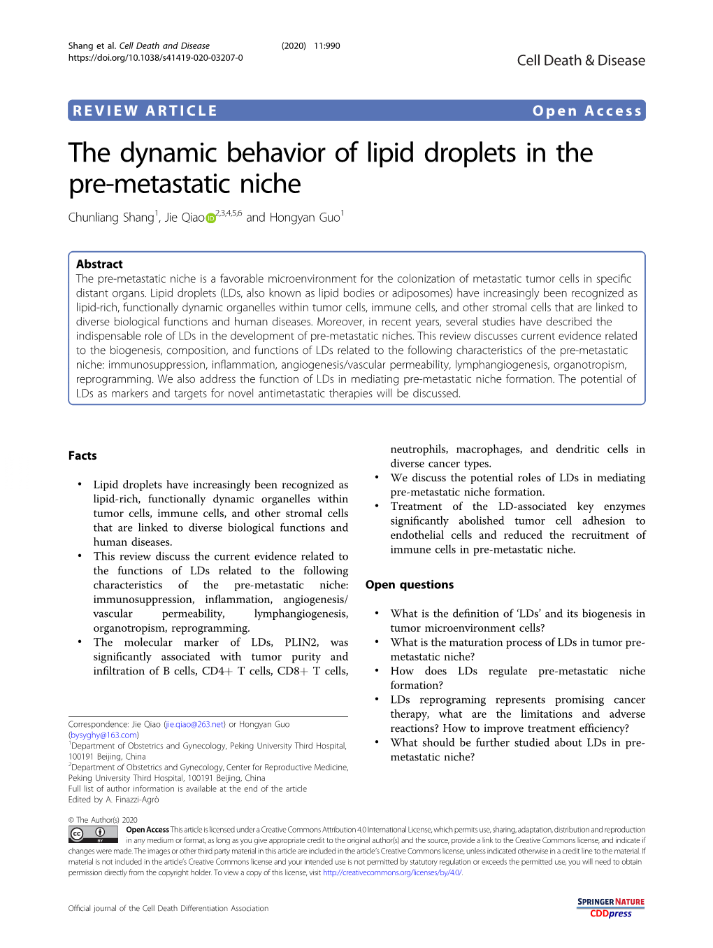 The Dynamic Behavior of Lipid Droplets in the Pre-Metastatic Niche Chunliang Shang1,Jieqiao 2,3,4,5,6 and Hongyan Guo1