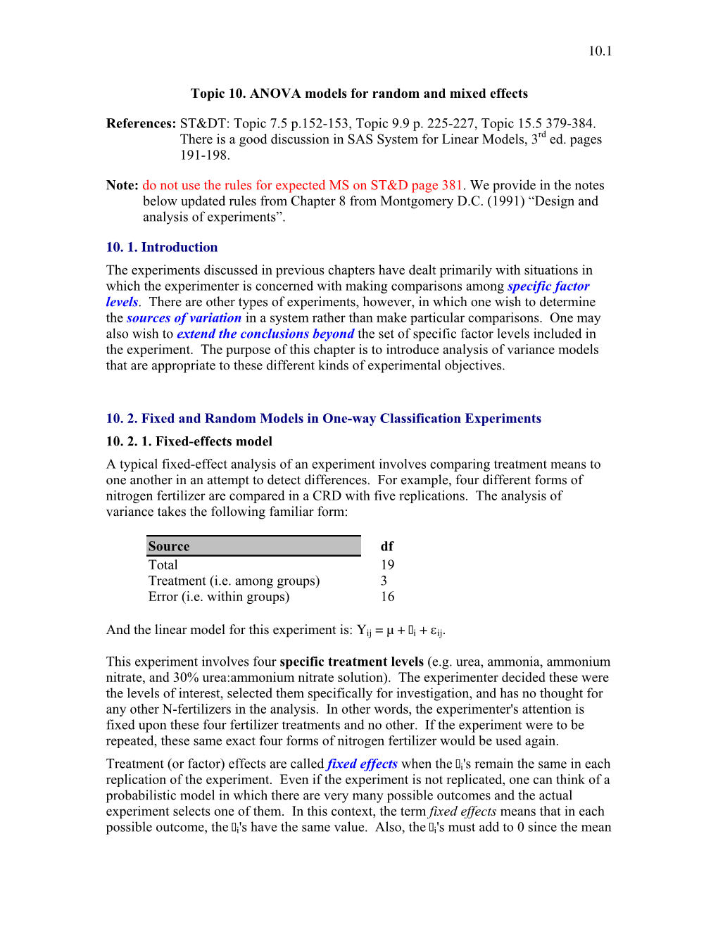 10.1 Topic 10. ANOVA Models for Random and Mixed Effects References