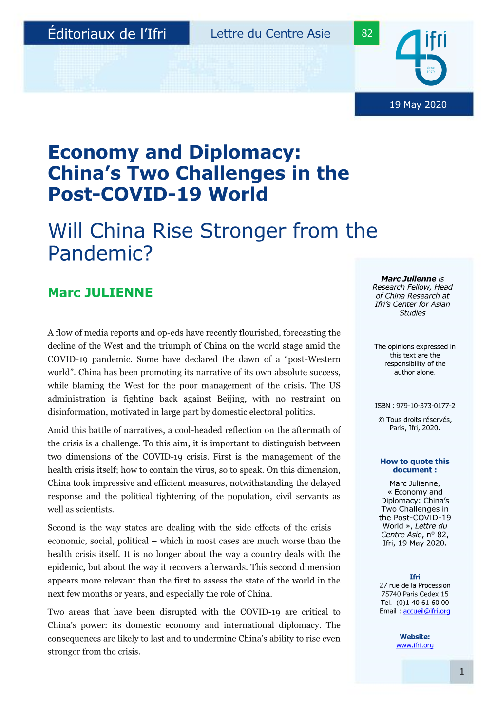 Economy and Diplomacy: China's Two Challenges in the Post-COVID-19