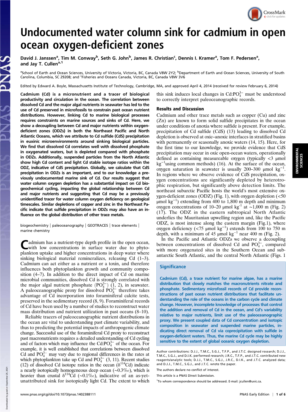 Undocumented Water Column Sink for Cadmium in Open Ocean Oxygen-Deficient Zones