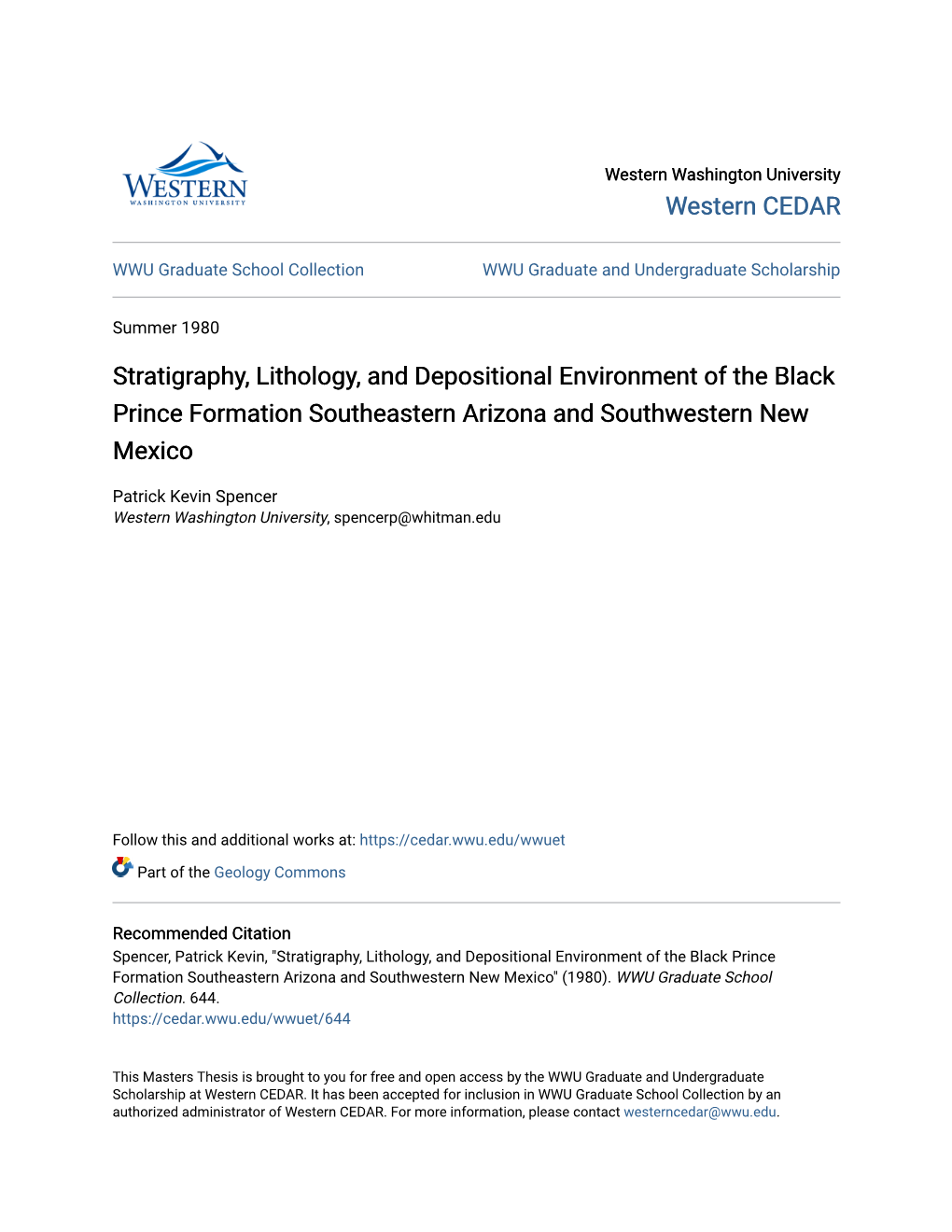 Stratigraphy, Lithology, and Depositional Environment of the Black Prince Formation Southeastern Arizona and Southwestern New Mexico