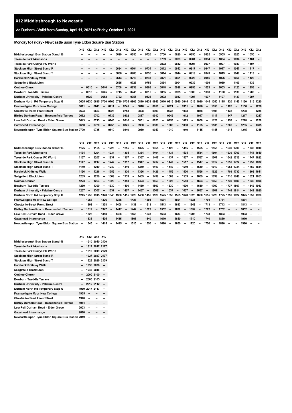 X12 Middlesbrough to Newcastle Via Durham - Valid from Sunday, April 11, 2021 to Friday, October 1, 2021