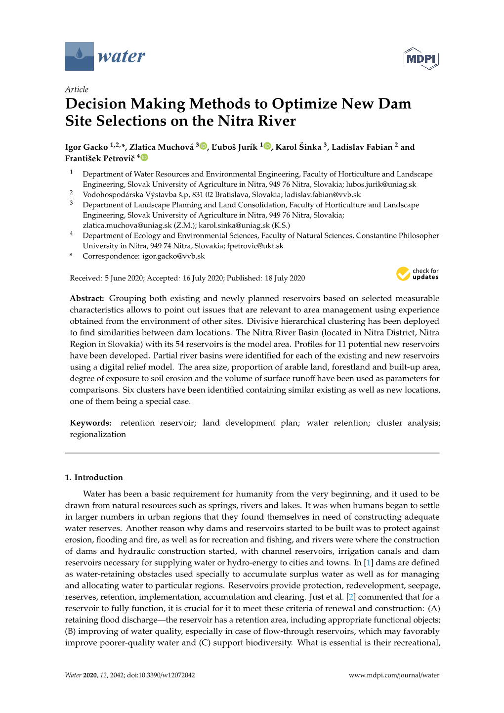 Decision Making Methods to Optimize New Dam Site Selections on the Nitra River