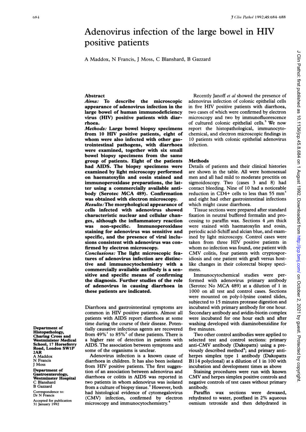 Adenovirus Infection of the Large Bowel in HIV Positive Patients J Clin Pathol: First Published As 10.1136/Jcp.45.8.684 on 1 August 1992