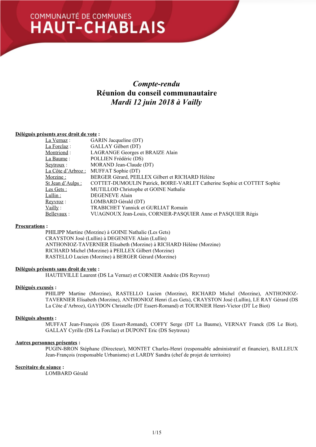 Compte-Rendu Réunion Du Conseil Communautaire Mardi 12 Juin 2018 À Vailly