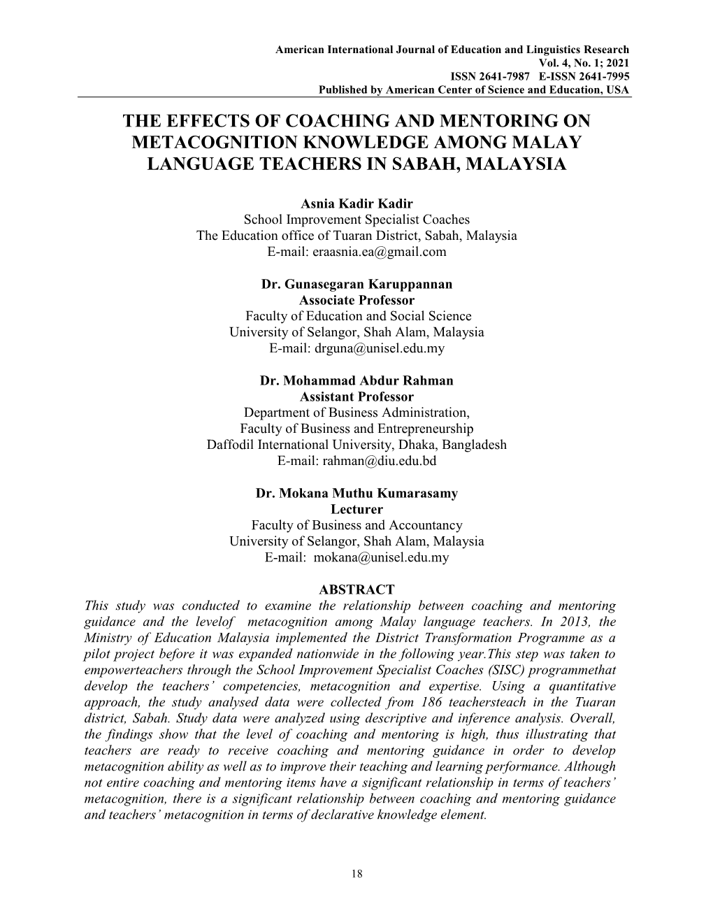 The Effects of Coaching and Mentoring on Metacognition Knowledge Among Malay Language Teachers in Sabah, Malaysia