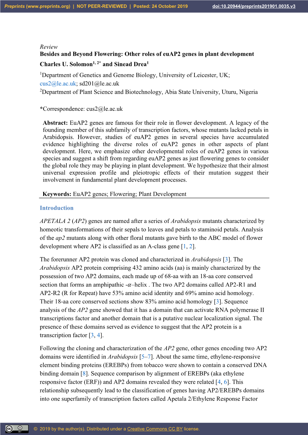 Other Roles of Euap2 Genes in Plant Development Charles U