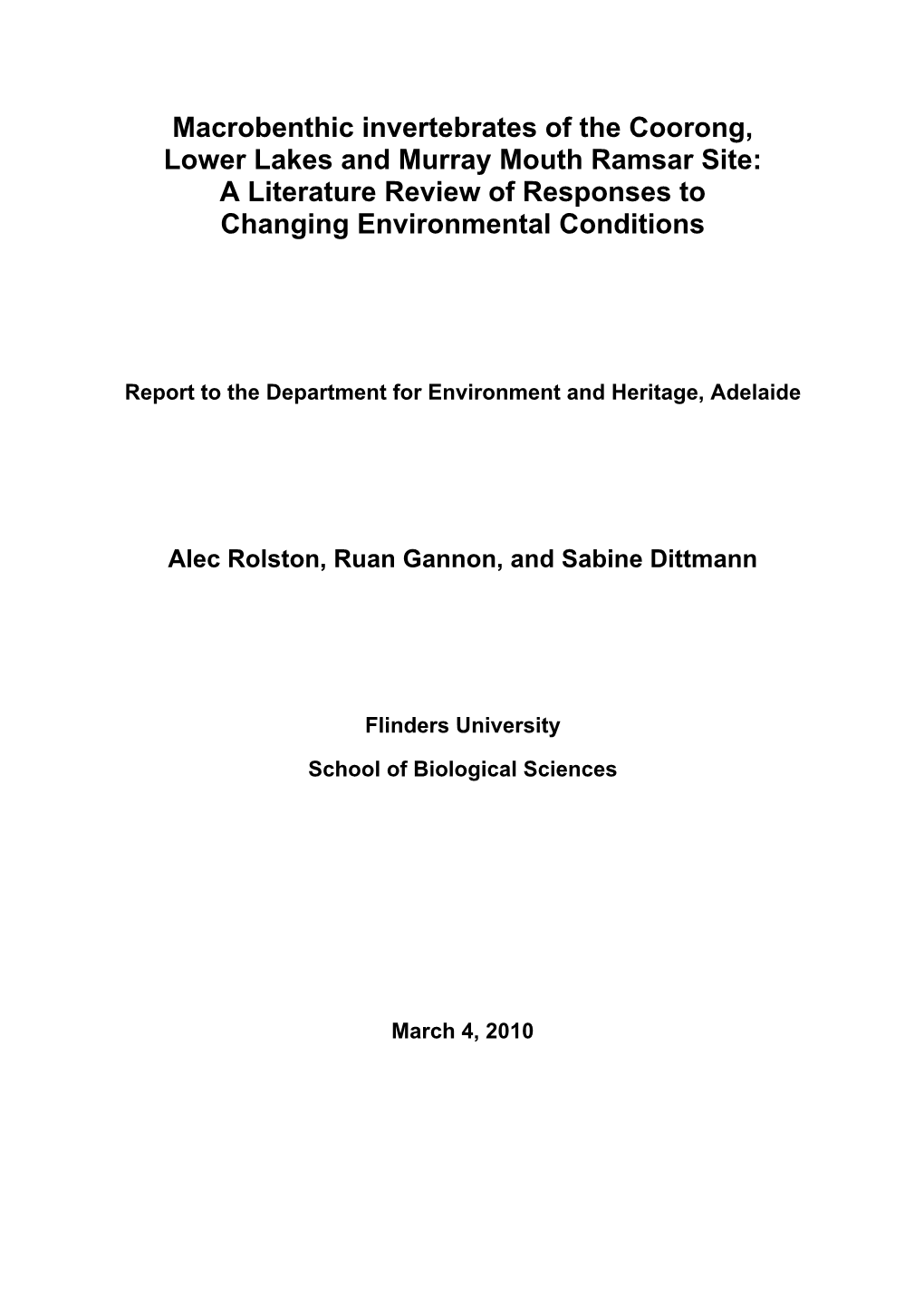 Macrobenthic Invertebrates of the Coorong, Lower Lakes and Murray Mouth Ramsar Site: a Literature Review of Responses to Changing Environmental Conditions