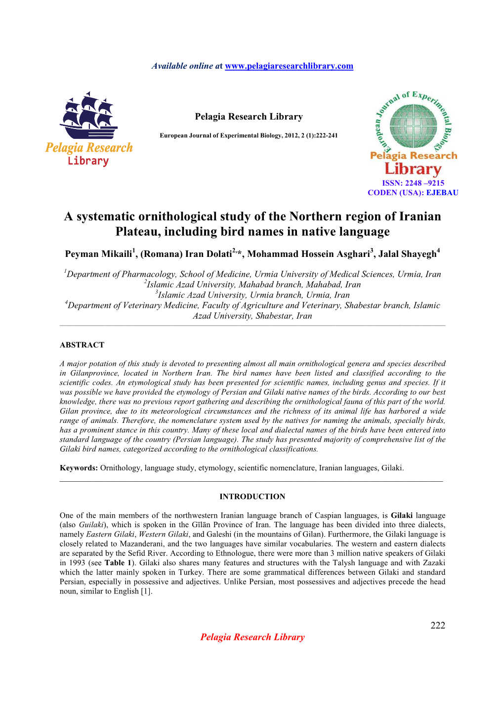 A Systematic Ornithological Study of the Northern Region of Iranian Plateau, Including Bird Names in Native Language