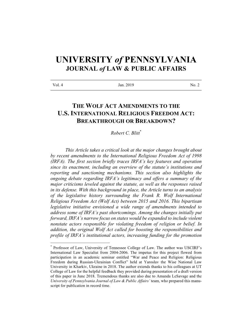 The Wolf Act Amendments to the U.S. International Religious Freedom Act: Breakthrough Or Breakdown?