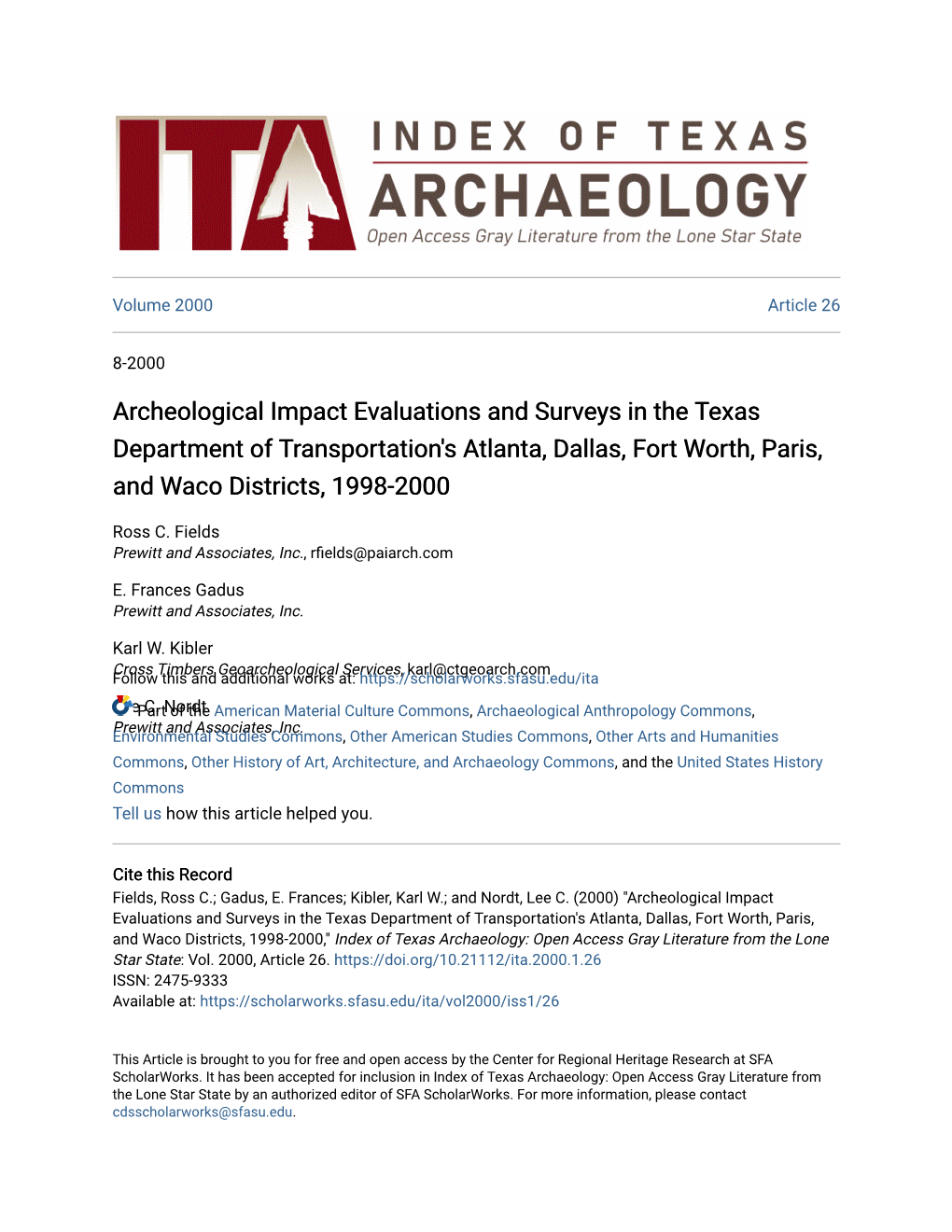 Archeological Impact Evaluations and Surveys in the Texas Department of Transportation's Atlanta, Dallas, Fort Worth, Paris, and Waco Districts, 1998-2000