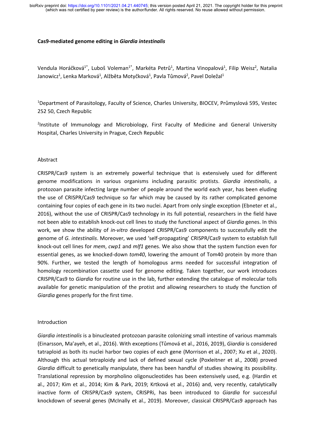 Cas9-Mediated Genome Editing in Giardia Intestinalis