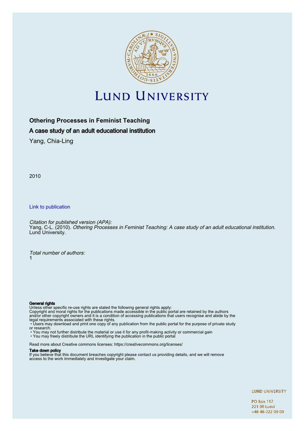 Othering Processes in Feminist Teaching a Case Study of an Adult Educational Institution Yang, Chia-Ling