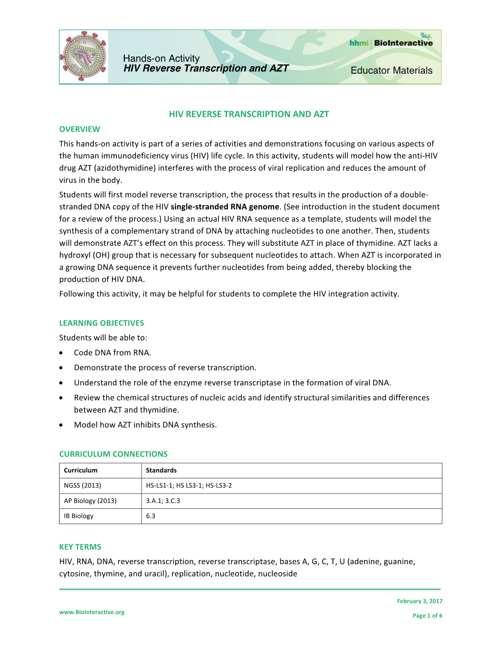 Educator Materials Hands-On Activity HIV Reverse Transcription and AZT