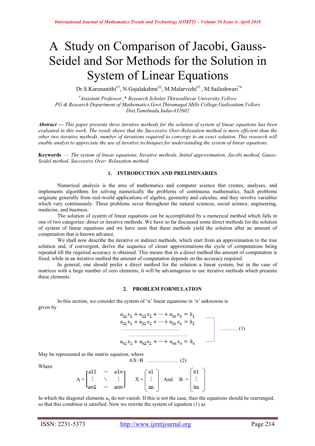 A Study on Comparison of Jacobi, Gauss-Seidel and Sor Methods For