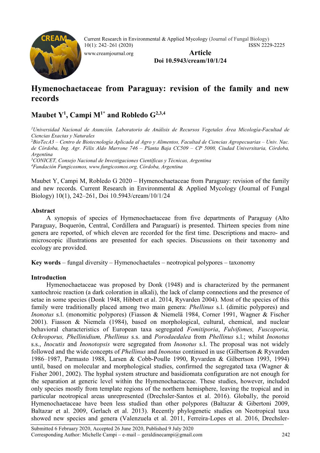 Hymenochaetaceae from Paraguay: Revision of the Family and New Records