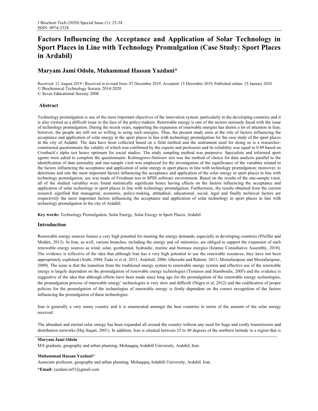 Factors Influencing the Acceptance and Application of Solar Technology in Sport Places in Line with Technology Promulgation (Case Study: Sport Places in Ardabil)