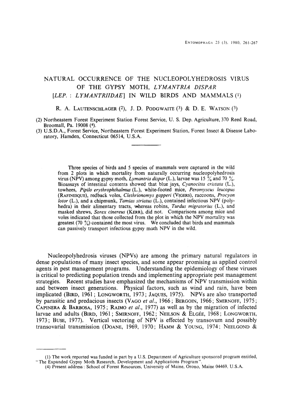 Natural Occurrence of the Nuc1eopolyhedrosis Virus of The